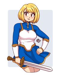Rule 34 | 1girl, 2020, blonde hair, blush, breasts, brown eyes, eyebrows, hand on own hip, highres, holding, holding sword, holding weapon, looking at viewer, medium breasts, original, parted lips, short hair, smile, solo, swept bangs, sword, taggo, weapon