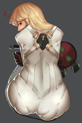 Rule 34 | 1girl, ahoge, arc system works, ass, belt, blonde hair, bodysuit, candy, food, from behind, gloves, guilty gear, guilty gear xrd, highres, huge ass, jack-o&#039; valentine, lollipop, long hair, looking at viewer, looking back, mask, red eyes, shiny clothes, sitting, skin tight, solo, suwaiya