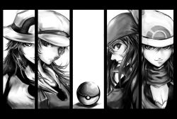 Rule 34 | 00s, 4girls, artist request, bandana, beanie, breasts, cabbie hat, cleavage, column lineup, creatures (company), dawn (pokemon), game freak, greyscale, hat, leaf (pokemon), long hair, lyra (pokemon), may (pokemon), monochrome, multiple girls, nintendo, one eye closed, poke ball, pokemon, pokemon dppt, pokemon frlg, pokemon hgss, pokemon rse, porkpie hat, scarf, smile, twintails, wink, ying mao