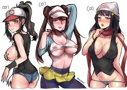 Rule 34 | 3girls, aged up, ass, black hair, blush, breasts, brown hair, cleavage, covering breasts, covering privates, creatures (company), dawn (pokemon), denim, denim shorts, game freak, hat, highres, hilda (pokemon), large breasts, long hair, multiple girls, naughty face, nintendo, nipples, no bra, panties, panty pull, pantyhose, pokemon, pokemon bw, pokemon bw2, pokemon dppt, ponytail, rosa (pokemon), shorts, take your pick, thong, tinnies, twintails, underboob, underwear