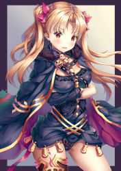 Rule 34 | 1girl, asymmetrical wings, bad id, bad pixiv id, black cape, blonde hair, cape, cowboy shot, crossed arms, earrings, ereshkigal (fate), fate/grand order, fate (series), fur trim, gluteal fold, hair ribbon, jewelry, leotard, long hair, looking at viewer, open mouth, orange eyes, red ribbon, ribbon, solo, standing, tohsaka rin, twintails, very long hair, wings, xi zhujia de rbq