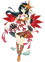 Rule 34 | 1girl, autumn, bare shoulders, black hair, boots, butterfly hair ornament, detached sleeves, gloves, hair ornament, japanese clothes, knee boots, long hair, open mouth, original, personification, purple eyes, sanbasou, simple background, single glove, smile, solo, tassel, white background, wide sleeves