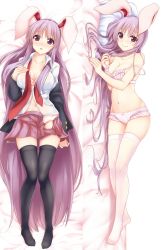 Rule 34 | 1girl, :o, absurdly long hair, animal ears, bed sheet, black thighhighs, blazer, blush, bra, breasts, cleavage, collarbone, collared shirt, dakimakura (medium), dress shirt, hand on own chest, head tilt, highres, hisae (hisae collect), jacket, long hair, long sleeves, looking at viewer, lying, medium breasts, miniskirt, multiple views, navel, necktie, no shoes, on back, on side, panties, pillow, pink bra, pink panties, pink skirt, pleated skirt, purple hair, rabbit ears, red eyes, red neckwear, reisen udongein inaba, see-through, shirt, skirt, smile, stomach, strap slip, thighhighs, touhou, unbuttoned, unbuttoned shirt, underwear, undone necktie, very long hair, white shirt, white thighhighs