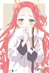 Rule 34 | 1girl, blue archive, blue eyes, blush, border, braid, closed mouth, forehead, hair ribbon, halo, handheld game console, highres, jacket, long hair, long sleeves, looking at viewer, namori, red hair, ribbon, solo, upper body, white border, white jacket, white ribbon, wide sleeves, yellow halo, yuzu (blue archive)
