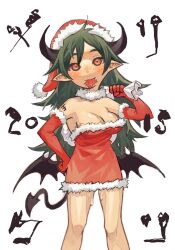 Rule 34 | 1girl, 2015, black horns, black wings, blush, breasts, cleavage, closed mouth, commentary request, condom, condom in mouth, condom wrapper, demon girl, demon horns, demon wings, dress, elbow gloves, feet out of frame, fur-trimmed dress, fur-trimmed gloves, fur trim, gloves, green hair, hat, holding, holding sack, horns, htm (gixig), long hair, looking at viewer, medium breasts, mouth hold, neck ruff, original, pointy ears, red eyes, red gloves, sack, santa dress, santa hat, simple background, smile, solo, suggestive fluid, translation request, white background, wings
