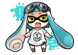 Rule 34 | 1girl, aqua hair, artist name, bad id, bad pixiv id, bike shorts, blue hair, chibi, end tieno, fang, goggles, goggles on head, inkling, inkling girl, inkling player character, nintendo, open mouth, solo, splatoon (series), splatoon 1, tentacle hair, translation request, yellow eyes