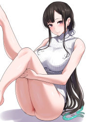 Rule 34 | 1girl, bad id, bad tumblr id, black hair, breasts, large breasts, legs up, long hair, looking at viewer, miyamoto issa, mole, mole under eye, no pants, purple eyes, ribbed sweater, simple background, sleeveless, sleeveless turtleneck, smile, solo, sweater, thighs, turtleneck, very long hair, white background