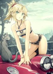 Rule 34 | 1girl, arm support, bandeau, bare arms, bare legs, bare shoulders, blonde hair, breasts, car, cat, chevrolet corvette, chevrolet corvette c1, cutoffs, denim, denim shorts, fate/apocrypha, fate/grand order, fate (series), green eyes, hair ornament, hair scrunchie, head tilt, jewelry, konoe ototsugu, leaning forward, micro shorts, midriff, mordred (fate), mordred (fate/apocrypha), mordred (memories at trifas) (fate), motor vehicle, navel, necklace, official art, on vehicle, outdoors, parted lips, ponytail, red scrunchie, revealing clothes, scrunchie, short hair, short ponytail, shorts, small breasts, stomach, thighs, tree