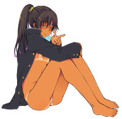 Rule 34 | 1girl, barefoot, bikini tan, blue eyes, blush, breasts, brown hair, censored, character request, coat, commentary request, embarrassed, eroe, closed eyes, full body, gakuran, jacket, legs together, long hair, mosaic censoring, naked coat, nipples, open clothes, open jacket, original, ponytail, pussy, school uniform, sitting, small breasts, solo, tan, tanline, toes, v