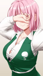 Rule 34 | 1girl, breasts, buttons, cleavage, closed mouth, collarbone, collared shirt, cosplay, covering own eyes, gradient background, green skirt, green vest, highres, konpaku youmu, konpaku youmu (cosplay), large breasts, long sleeves, nori tamago, pink eyes, pink hair, saigyouji yuyuko, shirt, short hair, skirt, smile, solo, touhou, upper body, vest, white shirt