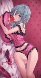 1girl, absurdres, apple, bare shoulders, bloomers, commentary, crop top, food, frilled shirt, frills, fruit, grey eyes, grey hair, hatsune miku, high heels, highres, holding, holding food, holding fruit, huge filesize, long hair, looking at viewer, loungewear, lying, midriff, navel, on bed, on side, petals, pillow, pink bloomers, pink shirt, romeo to cinderella (vocaloid), shirt, sideways, solo, strap slip, thighs, tokkyu, underwear, vocaloid