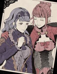 2girls artist_name blue_hair blunt_bangs breasts brown_eyes closed_eyes dress earrings fire_emblem fire_emblem:_three_houses fire_emblem_warriors:_three_hopes gloves grin hair_bun hairband highres hilda_valentine_goneril jewelry large_breasts long_hair long_sleeves marianne_von_edmund multiple_girls nintendo official_alternate_costume official_alternate_hairstyle parted_lips photo_(object) pink_hair sidelocks single_hair_bun sleepyboy1007 smile twitter_username upper_body wavy_hair