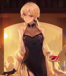Rule 34 | 1girl, alcohol, black dress, blonde hair, china dress, chinese clothes, cocktail dress, cropped, cup, dress, drinking glass, feather boa, flower, garter straps, gem, girls&#039; frontline, gloves, jewelry, long dress, long hair, looking at viewer, niac, official alternate costume, ots-14 (girls&#039; frontline), ots-14 (sangria succulent) (girls&#039; frontline), pearl (gemstone), ribbon, ring, silhouette, single glove, sleeveless, sleeveless dress, smile, wine, wine glass, yellow eyes