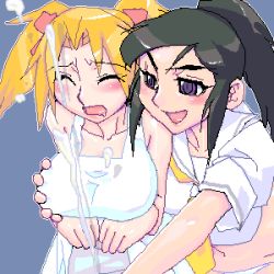 Rule 34 | 2girls, black hair, blonde hair, blush, borrowed character, breasts, closed eyes, cum, ejaculation, futa with female, futanari, grabbing, grabbing another&#039;s breast, large breasts, lowres, matagitii, multiple girls, penis, ponytail, twintails
