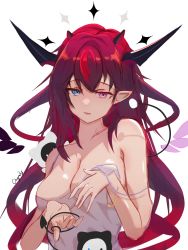 Rule 34 | 1girl, absurdres, bare shoulders, bloom (irys), blouse, blue eyes, bra, breast hold, breasts, breasts squeezed together, chyraliss, cleavage, collarbone, demon girl, demon horns, detached wings, fang, gloom (irys), hair between eyes, halo, highres, hololive, hololive english, horns, irys (hololive), large breasts, long hair, looking at viewer, mini wings, multicolored hair, multiple horns, no, open mouth, pointy ears, scrunchie, shirt, signature, simple background, solo, string pull, tail, underwear, upper body, virtual youtuber, white background, wings, wrist scrunchie