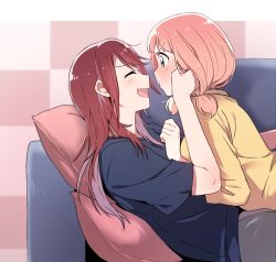 Rule 34 | 2girls, ^ ^, bang dream!, blue shirt, blush, checkered background, clenched hand, closed eyes, couch, from side, green eyes, hand on another&#039;s cheek, hand on another&#039;s face, long hair, low twintails, lying on person, medium hair, multiple girls, open mouth, pillow, pout, re ghotion, shirt, short sleeves, smile, sweatdrop, twintails, udagawa tomoe, uehara himari, v-shaped eyebrows, yellow shirt, yuri