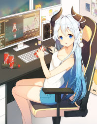Rule 34 | 1girl, :o, bad id, bad pixiv id, bare arms, bare legs, bare shoulders, blue eyes, blue hair, blue shorts, bottle, camisole, can, chair, cola, curled horns, desk, gaming chair, gradient hair, hair between eyes, horns, indoors, computer keyboard, long hair, looking at viewer, looking to the side, monitor, computer mouse, multicolored hair, office chair, original, parted lips, short shorts, shorts, silver hair, sitting, sleeveless, solo, speaker, swivel chair, tp (kido 94), very long hair, white camisole, window