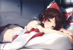 Rule 34 | 1girl, absurdres, ass, bare shoulders, bed, bloomers, blouse, bow, brown eyes, brown hair, butt crack, unworn clothes, flat ass, hair bow, hair tubes, hakurei reimu, highres, indoors, japanese clothes, ke-ta, lying, matching hair/eyes, miko, non-web source, on stomach, parted bangs, red bow, scan, shirt, short hair, sleeveless, sleeveless shirt, solo, swept bangs, touhou, underwear