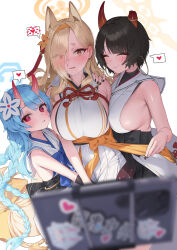 Rule 34 | 3girls, ^ ^, absurdres, animal ears, armpit crease, asymmetrical bangs, black hair, blonde hair, blue archive, blue hair, blurry, blurry foreground, blush, bow, braid, breasts, broken horn, cellphone, chise (blue archive), closed eyes, depth of field, dong ji, earrings, fingernails, hair bow, hair over one eye, halo, hand on another&#039;s shoulder, heart, highres, hoop earrings, horns, huge bow, jewelry, kaho (blue archive), large breasts, long hair, looking at phone, looking at viewer, low-tied long hair, mole, mole under eye, mole under mouth, multiple girls, nail polish, niya (blue archive), phone, red eyes, selfie, sideboob, sideless outfit, simple background, skin-covered horns, smile, spoken heart, twin braids, white background