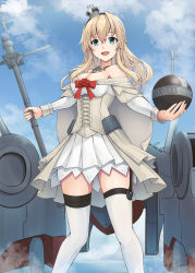 Rule 34 | 1girl, black hairband, blonde hair, blue eyes, blue sky, braid, cloud, corset, crown, dress, feet out of frame, flower, french braid, garter straps, globus cruciger, hairband, highres, kantai collection, kodama (mmt uf), long hair, long sleeves, looking at viewer, machinery, mini crown, off-shoulder dress, off shoulder, red flower, red ribbon, red rose, ribbon, rose, scepter, sky, smile, solo, standing, thighhighs, warspite (kancolle), white dress, white thighhighs