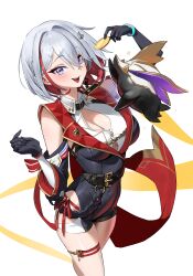 Rule 34 | 1girl, absurdres, asymmetrical gloves, bare shoulders, bby, belt, black belt, black gloves, black sleeves, blue eyes, breasts, coin, colored inner hair, eyeliner, gloves, gold coin, highres, holding, holding coin, honkai: star rail, honkai (series), large breasts, looking at viewer, makeup, mole, mole on thigh, multicolored hair, numby (honkai: star rail), red eyeliner, red hair, short hair, simple background, smile, streaked hair, thigh focus, thigh strap, topaz (honkai: star rail), trotter (honkai: star rail), uneven gloves, white background, white hair