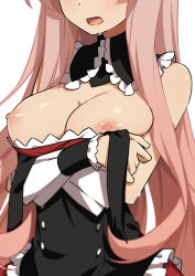 Rule 34 | 1girl, black dress, breasts, commentary request, copyright request, detached sleeves, dress, head out of frame, highres, large breasts, long hair, morisobo, nipples, open mouth, pink hair, simple background, solo, sweat, white background