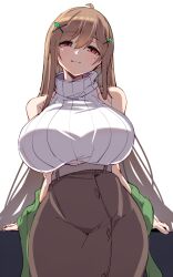 Rule 34 | 1girl, ahoge, breasts, brown hair, brown skirt, closed mouth, head tilt, highres, huge breasts, light smile, long hair, mature female, mole, mole under eye, nana (mogs1225), original, red eyes, simple background, skirt, sleeveless, sleeveless sweater, solo, standing, sweater, tareme, turtleneck, turtleneck sweater, white background, white sweater