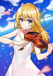 Rule 34 | 1girl, absurdres, bare arms, bare shoulders, blonde hair, bow (music), dress, flower, hair flower, hair ornament, highres, holding, instrument, long hair, looking at viewer, miyazono kawori, music, outdoors, petals, playing instrument, shigatsu wa kimi no uso, smile, solo, tkk ramune, violin, white dress