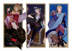 Rule 34 | 1girl, 2boys, arm warmers, bandana, black pants, blonde hair, boots, bow, breasts, cape, circular saw, closed mouth, coin, day, drill, earrings, edgar roni figaro, final fantasy, final fantasy vi, hair bow, holding, holding weapon, jewelry, locke cole, long hair, looking at viewer, multiple boys, outdoors, pants, saw, silver hair, sitting, tina branford, treasure chest, weapon, white footwear, yawai tofu
