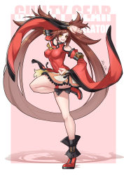 Rule 34 | 1girl, absurdly long hair, absurdres, arm up, breasts, brown hair, chinese clothes, clothing cutout, covered erect nipples, covered navel, dress, guilty gear, hair rings, high heels, highres, kuradoberi jam, large breasts, long hair, moonface, red dress, red footwear, shadow, shoulder cutout, smile, solo, standing, standing on one leg, tassel, thigh strap, two-tone background, very long hair, wide sleeves, yellow eyes