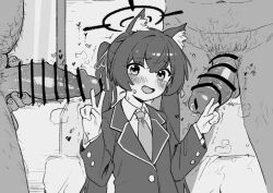 Rule 34 | 1girl, 2boys, :d, animal ear fluff, animal ears, bar censor, blue archive, blush, cat ears, censored, double v, erection, fried bocky, greyscale, hair ribbon, halo, heart, hetero, jacket, large penis, long hair, long sleeves, looking at viewer, monochrome, multiple boys, open mouth, penis, ribbon, school uniform, serika (blue archive), smile, solo focus, steam, sweat, trembling, twintails, v
