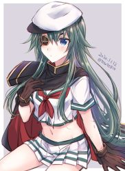 Rule 34 | 1girl, alternate hair length, alternate hairstyle, armor, blue eyes, border, cape, commentary request, cowboy shot, eyepatch, green hair, grey background, hat, kabocha torute, kantai collection, kiso (kancolle), kiso kai ni (kancolle), long hair, looking at viewer, midriff, navel, neckerchief, one-hour drawing challenge, pauldrons, pleated skirt, red neckerchief, sailor hat, school uniform, serafuku, shoulder armor, single pauldron, sitting, skirt, solo, two-tone background, white border, white skirt