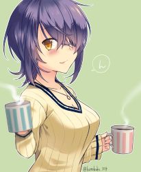 Rule 34 | 10s, 1girl, alternate costume, bad id, bad pixiv id, blush, breasts, cleavage, coffee, coffee mug, contemporary, cup, eyepatch, green background, hair over one eye, highres, jewelry, kantai collection, kotobuki (momoko factory), large breasts, long sleeves, looking at viewer, mug, necklace, no headwear, purple hair, ribbed sweater, ring, ring necklace, short hair, simple background, sleeves past wrists, smile, solo, steam, sweater, tenryuu (kancolle), translated, twitter username, yellow eyes