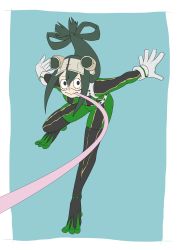 Rule 34 | 10s, 1girl, ass, asui tsuyu, belt, bodysuit, boku no hero academia, boots, breasts, gloves, goggles, goggles on head, green hair, highres, legs, long hair, looking at viewer, low tied hair, small breasts, solo, split-toe footwear, thigh boots, thighhighs