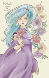 Rule 34 | 1girl, artist name, beige background, blue hair, character name, chrono trigger, dated, earrings, female focus, flower, hairband, highres, holding, holding flower, jewelry, long hair, looking at viewer, maruno, necklace, open mouth, pendant, ponytail, purple robe, red hairband, robe, schala zeal, simple background, smile, solo