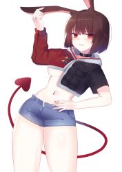 Rule 34 | 1girl, absurdres, animal ears, arm up, artist request, asymmetrical sleeves, black choker, black shirt, blue shorts, breasts, brown hair, choker, closed mouth, commission, cowboy shot, crop top, demon tail, denim, denim shorts, hand on own ear, hand on own hip, hand on own ear, highres, hood, hood down, long sleeves, looking at viewer, medium breasts, micro shorts, midriff, navel, navel piercing, open fly, original, piercing, rabbit ears, red eyes, red shirt, shirt, short hair, short shorts, short sleeves, shorts, simple background, solo, standing, stomach, tail, thighs, two-tone shirt, underboob, white background