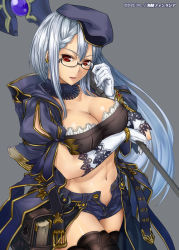 Rule 34 | 1girl, :d, adjusting eyewear, bad id, bad pixiv id, bandeau, belt, beret, black-framed eyewear, black thighhighs, book, bracelet, braid, breast hold, breasts, choker, cleavage, cloak, company name, copyright name, cowboy shot, denim, denim shorts, ear piercing, elbow gloves, french braid, gem, glasses, gloves, grey background, groin, hat, holding, hood, hood down, jewelry, kaizoku fantasia, lace, large breasts, long hair, looking at viewer, midriff, mishima yoshikatsu, navel, no panties, official art, open clothes, open mouth, over shoulder, piercing, pouch, puffy sleeves, red eyes, semi-rimless eyewear, shinsan gunshi altessa, short shorts, short sleeves, shorts, sidelocks, silver hair, simple background, smile, solo, staff, standing, studded belt, thighhighs, under-rim eyewear, unzipped, very long hair, weapon, white gloves