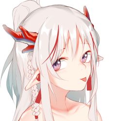 Rule 34 | 1girl, arknights, blush, braid, closed mouth, collarbone, commentary request, grey hair, hair between eyes, horns, inniyik, long hair, looking at viewer, multicolored hair, nian (arknights), pointy ears, ponytail, portrait, purple eyes, red hair, simple background, solo, streaked hair, tongue, tongue out, white background