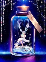 Rule 34 | 1girl, blue hair, bottle, bubble, closed eyes, dress, floating hair, full body, hatsune miku, highres, hourglass, in bottle, in container, jewelry, long hair, mini person, minigirl, necklace, seashell, shell, shou ryuusei ex, solo, submerged, twintails, very long hair, vocaloid, white dress
