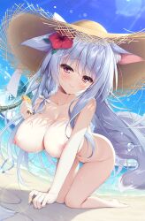 Rule 34 | 1girl, all fours, animal ear fluff, animal ears, bare shoulders, barefoot, beach, bikini, unworn bikini, blue sky, blush, braid, breasts, closed mouth, collarbone, completely nude, day, flower, fox ears, fox girl, fox tail, hair flower, hair ornament, half-closed eyes, hat, hibiscus, highres, holding, large breasts, light purple hair, long hair, looking at viewer, lotion, nipples, nude, ocean, original, outdoors, pouring, red eyes, red flower, side braid, sidelocks, sky, smile, solo, straw hat, sun hat, swimsuit, tail, thighs, very long hair, water drop, wet, white bikini, yatanukikey