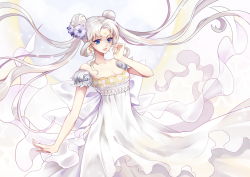 Rule 34 | 1girl, ayase1124, bishoujo senshi sailor moon, blue eyes, crescent, crescent facial mark, double bun, dress, earrings, facial mark, flower, forehead mark, hair flower, hair ornament, highres, jewelry, long hair, princess serenity, smile, solo, strapless, strapless dress, tsukino usagi, twintails, white background, white dress, white hair, white theme
