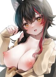 Rule 34 | 1girl, animal ears, black hair, blush, breasts, breasts out, clothes pull, collarbone, heart, heart-shaped pupils, highres, hololive, large breasts, looking at viewer, mori (pepekataokapepe), multicolored hair, nipples, ookami mio, open clothes, open shirt, orange eyes, red hair, shirt pull, solo, streaked hair, sweater, symbol-shaped pupils, virtual youtuber, wolf ears, wolf girl