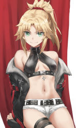 Rule 34 | 1girl, bare shoulders, belt, black jacket, blonde hair, braid, breasts, fate/apocrypha, fate (series), french braid, green eyes, highres, jacket, long hair, long sleeves, looking at viewer, mordred (fate), mordred (fate/apocrypha), off shoulder, open clothes, open jacket, parted bangs, ponytail, short shorts, shorts, sidelocks, small breasts, smile, solo, thighs, tonee, white shorts