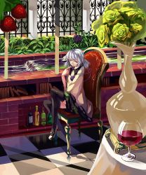 Rule 34 | 1girl, alcohol, bad id, bad pixiv id, black thighhighs, bouquet, chair, female focus, finger to mouth, flower, food, fruit, green flower, green rose, high heels, komeiji koishi, no headwear, no headwear, rose, shoes, short hair, silver hair, sitting, solo, strawberry, thighhighs, tongue, touhou, vase, water, wine, yasumo (kuusouorbital), yellow eyes, yellow flower, yellow rose