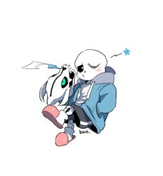 Rule 34 | artist name, ban (ban62460424), black shorts, blue hoodie, blue jacket, blush, commentary request, floating, gasterblaster, hand in pocket, hood, hooded jacket, hoodie, jacket, long sleeves, male focus, nintendo, o3o, one eye closed, pink footwear, sans (undertale), shirt, shorts, signature, simple background, skeleton, slippers, star (symbol), striped clothes, striped shorts, super smash bros., undertale, white background, white shirt