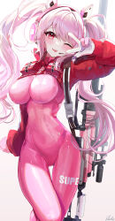 Rule 34 | 1girl, ;p, alice (nikke), animal ears, blush, bodysuit, breasts, clothes writing, fake animal ears, gloves, goddess of victory: nikke, gun, gun on back, headset, highres, large breasts, long hair, long sleeves, looking at viewer, one eye closed, pink bodysuit, pink gloves, pink hair, pistachiocream, puffy long sleeves, puffy sleeves, red eyes, rifle, signature, simple background, sniper rifle, solo, standing, tongue, tongue out, twintails, v, v over eye, very long hair, weapon, weapon on back
