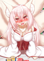 Rule 34 | 1girl, :3, animal ears, animal nose, blush, breasts, cleavage, fang, fox ears, fox girl, fox tail, furry, furry female, highres, horokusa (korai), japanese clothes, large breasts, long hair, looking at viewer, miko, open mouth, original, pink eyes, pink hair, smile, solo, tail, white fur
