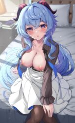 Rule 34 | 1girl, ahoge, bed, bedroom, black pantyhose, black shirt, blue hair, blush, book, bra, breasts, breasts out, commentary request, desk lamp, frilled sleeves, frills, ganyu (china merchants bank) (genshin impact), ganyu (genshin impact), genshin impact, goat horns, high-waist skirt, highres, horns, lamp, long hair, long sleeves, looking at viewer, medium breasts, nipples, official alternate costume, open clothes, open shirt, pantyhose, partial commentary, partially naked, pillow, ponnyu12, purple eyes, shirt, skirt, sunlight, topless, topless female, underwear, variant set