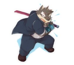 1boy animal_ear_fluff animal_ears blue_coat blue_pants brown_footwear brown_fur claws coat commentary dog_boy dog_ears dog_nose facial_scar fangs fat fat_man furry furry_male gauntlets holding holding_sheath holding_sword holding_weapon incoming_attack looking_at_viewer lower_(lowerkuo) male_focus moritaka_(housamo) notched_ear open_mouth pants scar scar_across_eyebrow scar_on_cheek scar_on_face scar_on_nose school_uniform sheath shirt sword tokyo_houkago_summoners weapon white_background white_shirt