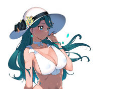 Rule 34 | 1girl, aqua hair, bare arms, bare shoulders, bikini, black bow, blue eyes, bow, bracelet, braid, breasts, choker, cleavage, collarbone, covered erect nipples, earrings, flower, go! princess precure, hair over shoulder, hat, hat bow, hat flower, hat ornament, holding, holding clothes, holding hat, jewelry, kaidou minami, large breasts, long hair, looking afar, precure, ribbon choker, rose, rumo, simple background, single braid, solo, sun hat, swimsuit, upper body, white background, white bikini, white bow, white choker, yellow flower, yellow rose
